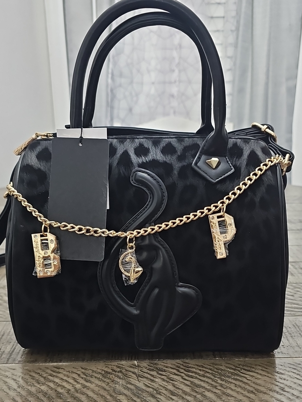Baby Phat Black Leopard-Print Satchel with Gold Charm Chain